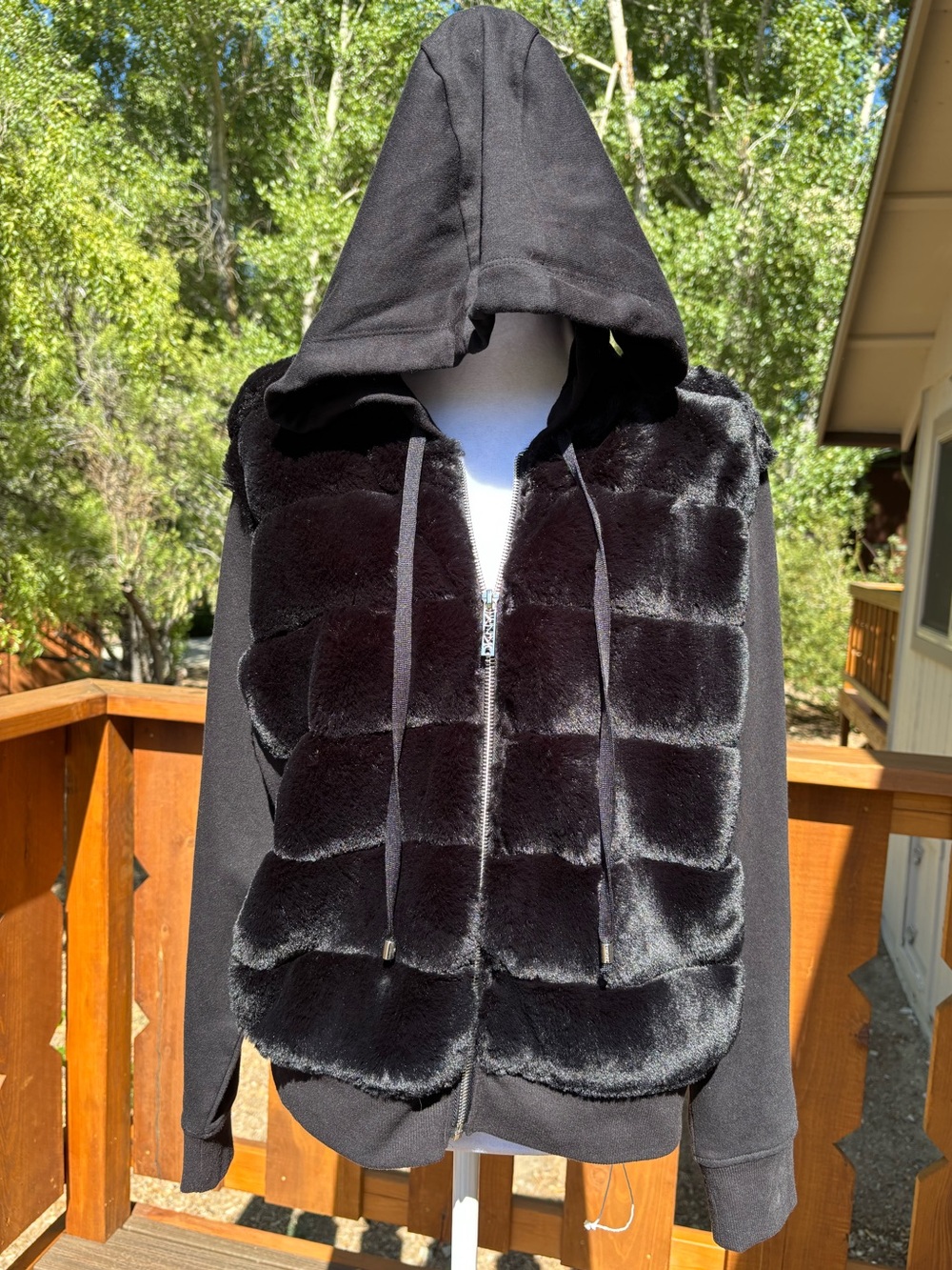 DKNY Black Faux Fur Panel Hooded Jacket
